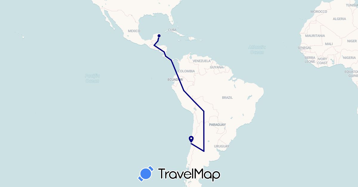 TravelMap itinerary: driving in Argentina, Bolivia, Belize, Chile, Costa Rica, Guatemala, Mexico, Nicaragua, Panama, Peru (North America, South America)